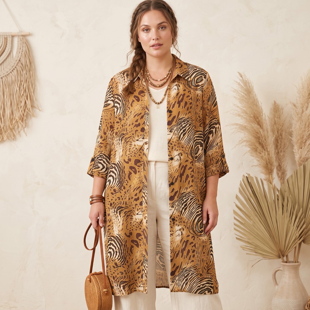 Studio I Mixed Animal Print Duster Kimono VTG Y2K Mob Wife 90s Boho Eclectic 18